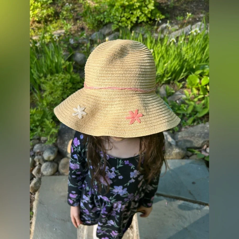 Floral Straw Sun Beach Gardening Hat | Toddler Girl | Fits 2T–4T